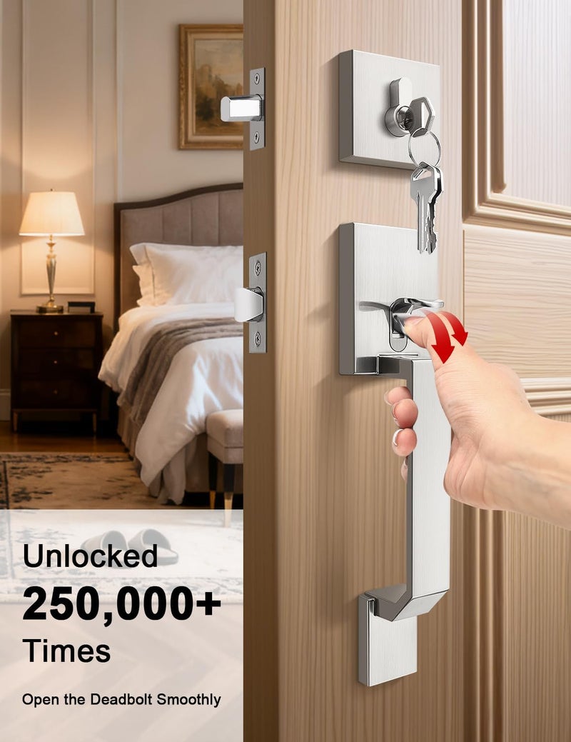 Tinewa Satin Nickel Square Front Door Handle with Classic Door Lever and Single Cylinder Deadbolt, Upgrated Exterior Entry Door Lock, Reversible for Left & Right Handed 1 Pack - Image 4